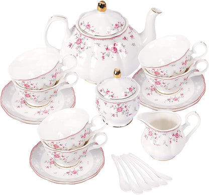 Elegant Porcelain Tea Sets For Adults  Floral Tea Cups Set Of 6 With Sugar Bowl  Creamer 9