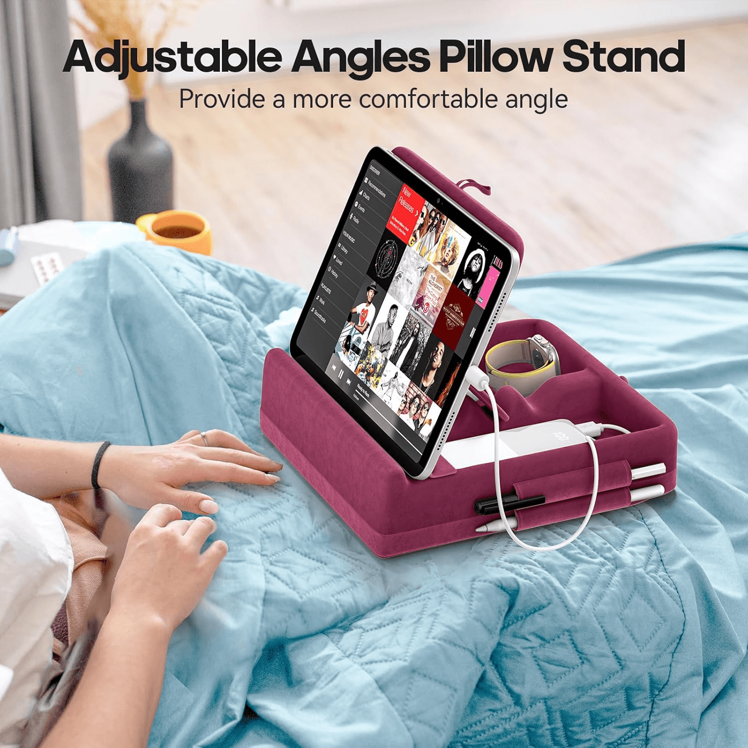 Adjustable Tablet Pillow Stand With Storage Foldable IPad Holder For Bed  Lap 6