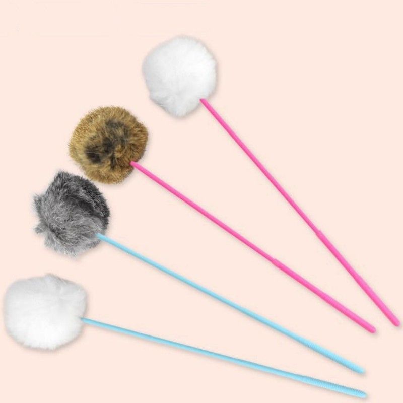 Interactive Pet Toy Faux Rabbit Fur Pompom Stick For Cat Training  Play 8