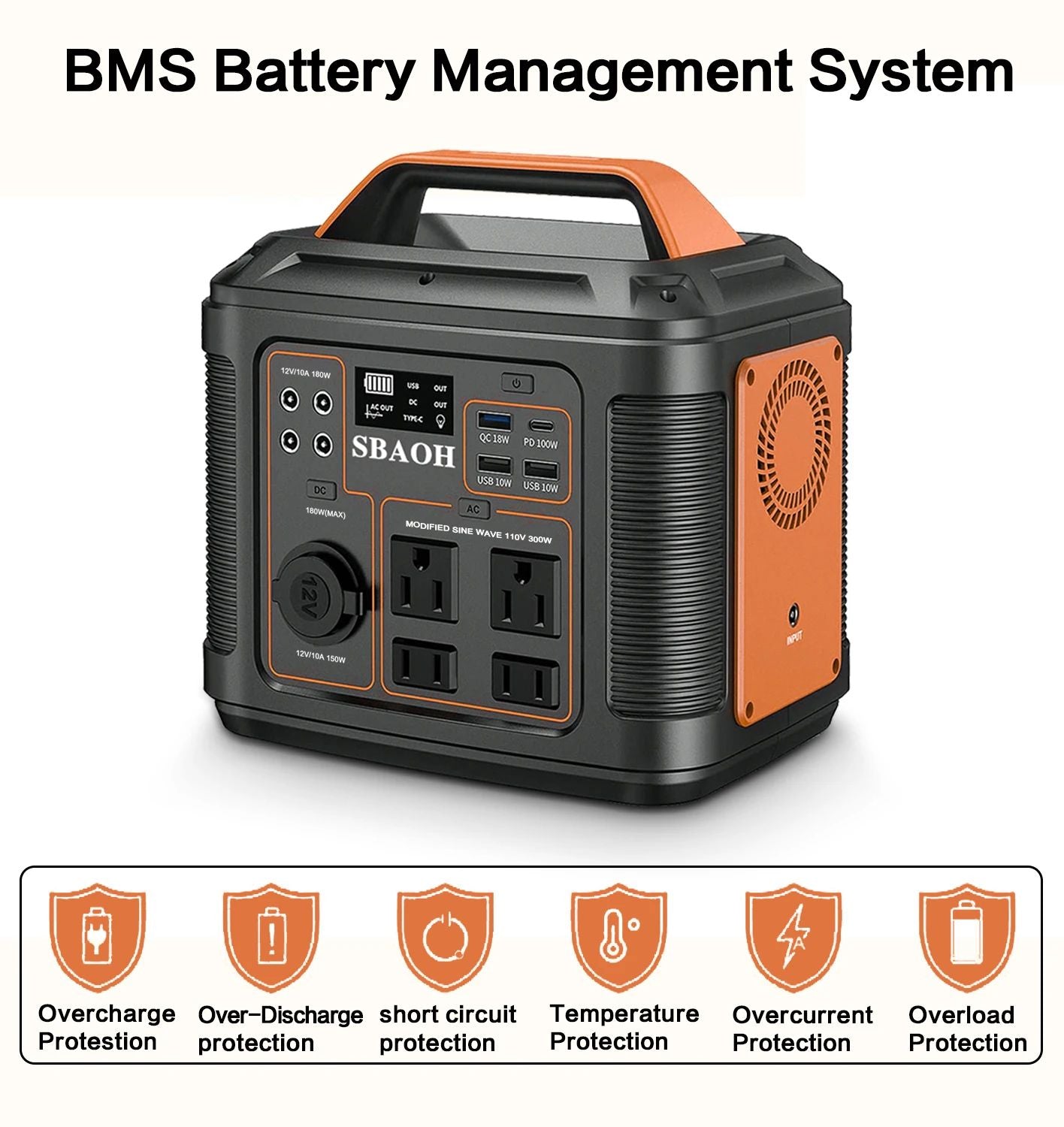 Portable Power Station Solar Generator With Quick Charge Ports  LED Flashlight Lithium Battery Back