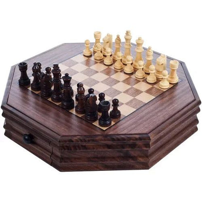 Octagon Wooden Chess And Checkers Set  13Inch Board With Storage Drawers 4