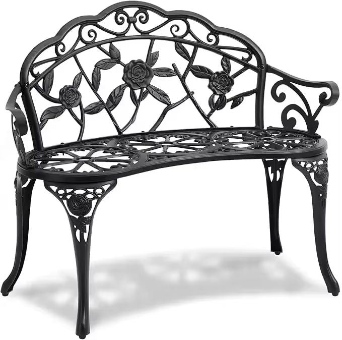 Antique Cast Aluminum Outdoor Patio Garden Bench Rose Design Park Yard Furniture WeatherResistant S 10