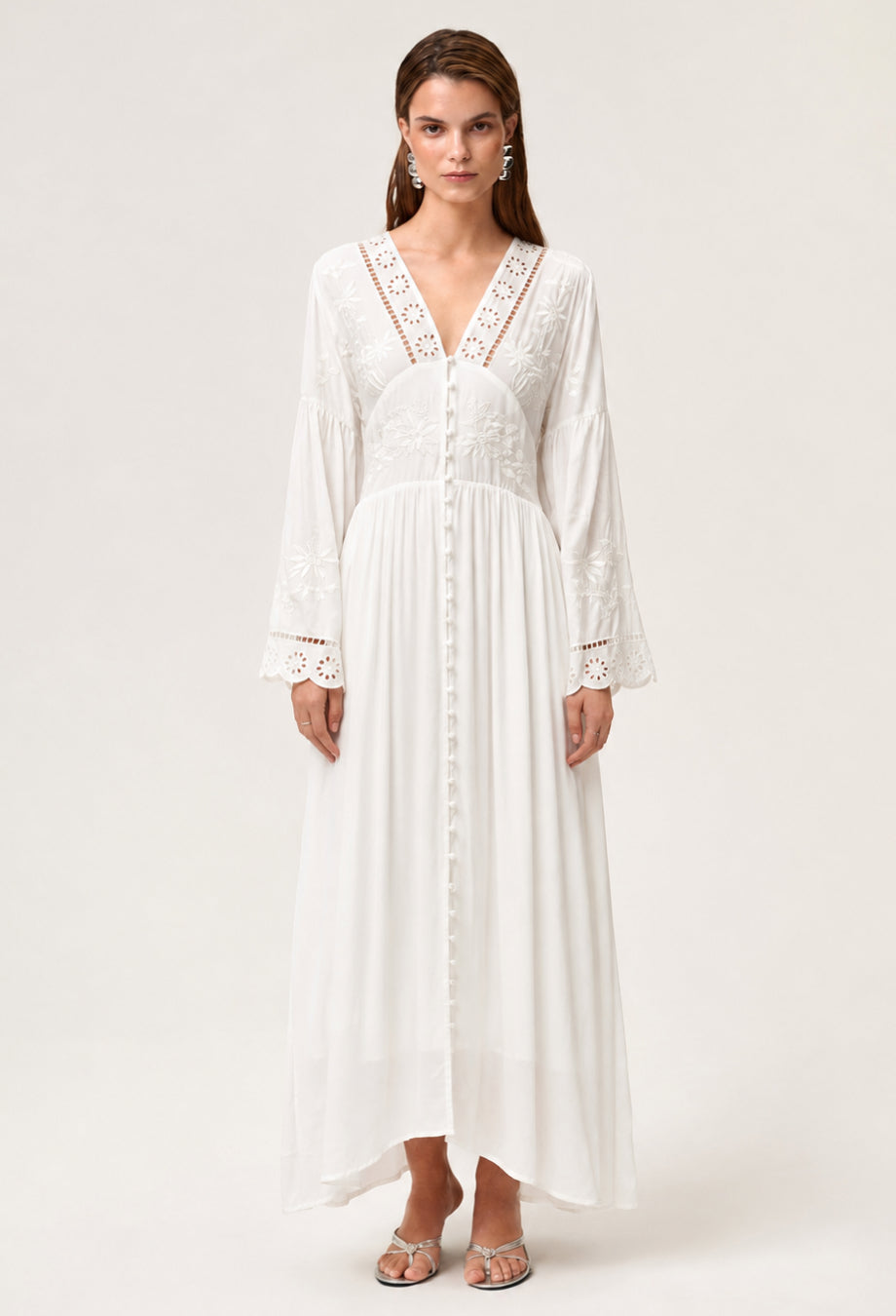 Long Sleeve Floral Embroidered Midi Dress White