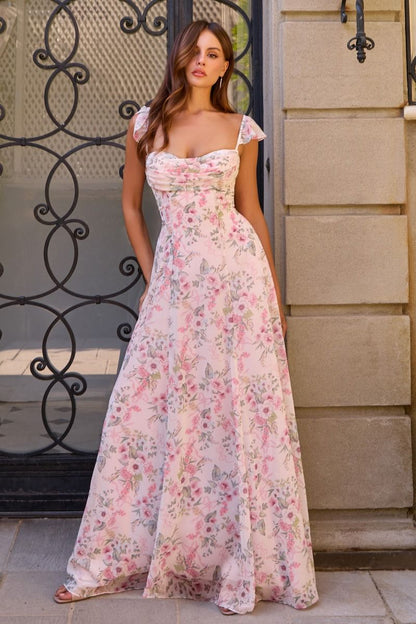 Pink Floral Primrose Gown Chiffon A- Dress
