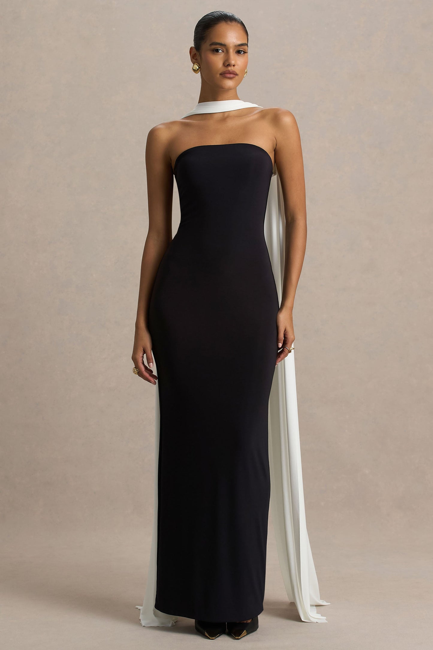Kelilah | Black And White Bandeau Maxi Dress With Scarf Detail