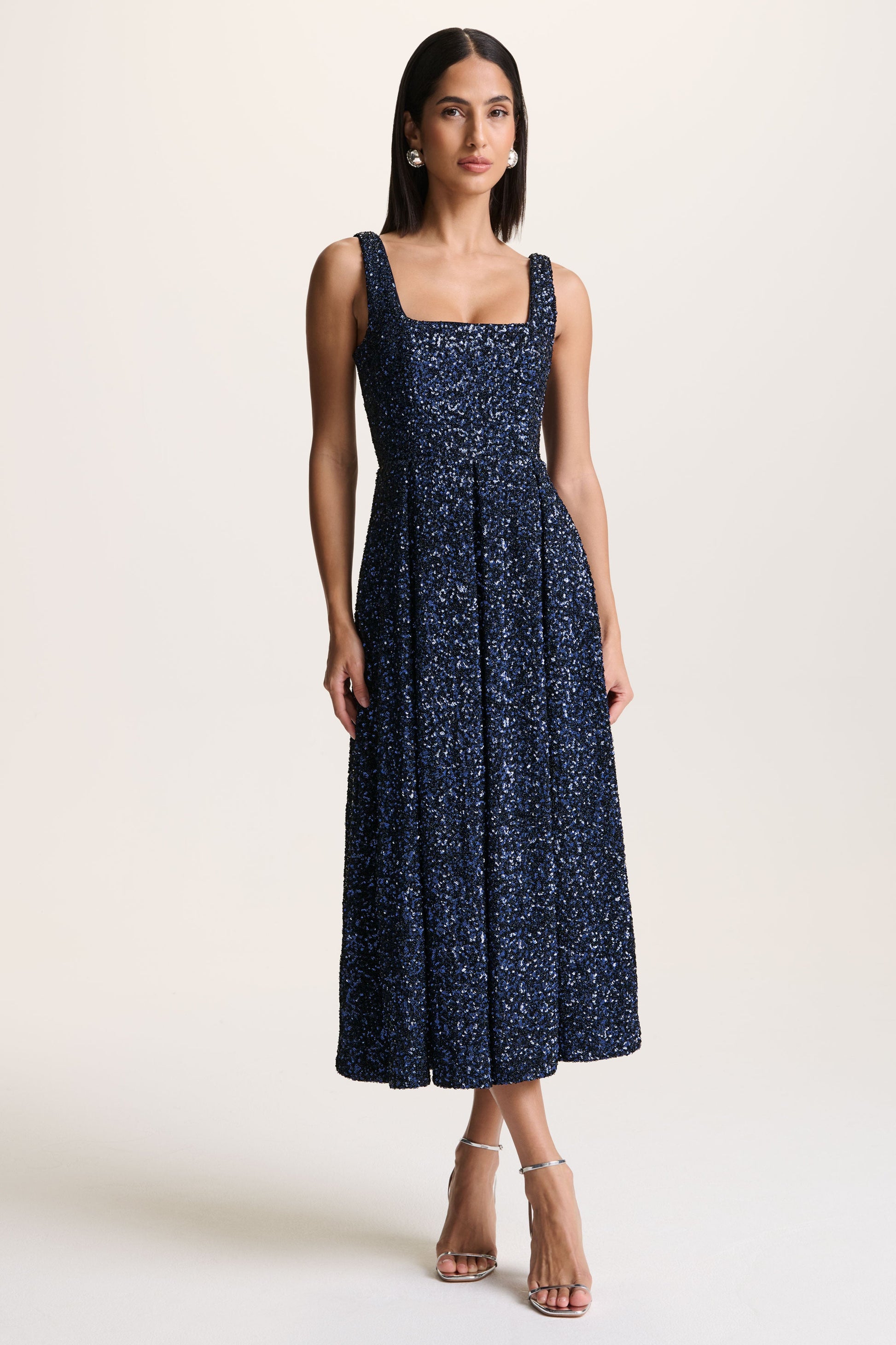 Lima | Navy Sequin Square-Neck A- Midi Dress