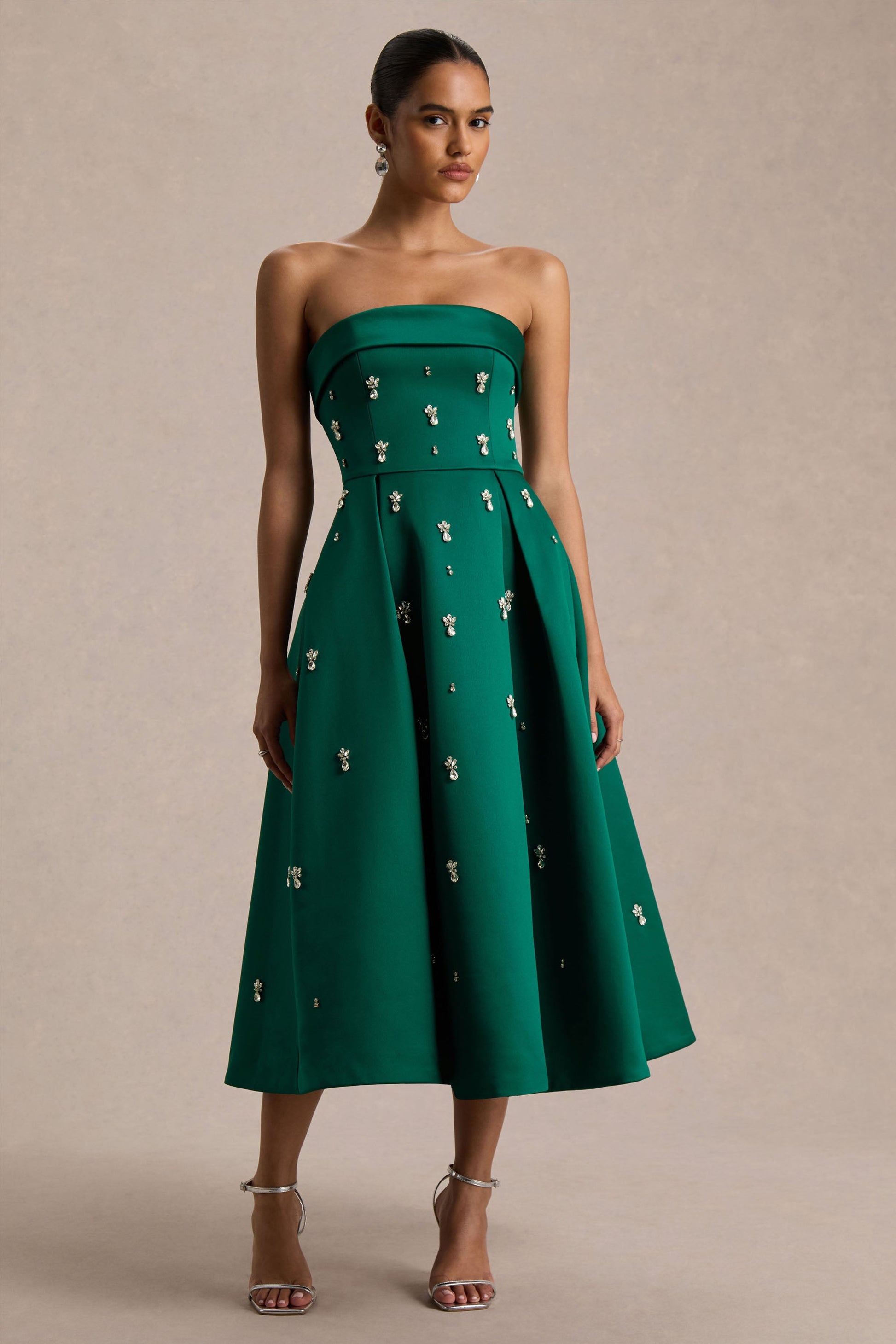Sylvette | Dark Green Satin Bandeau Skater Midi Dress