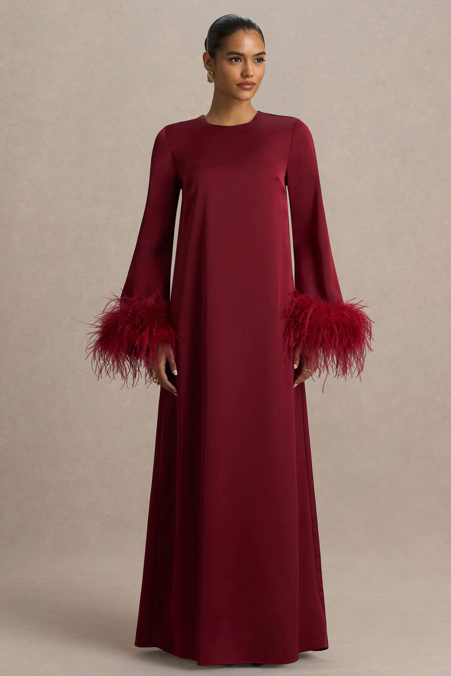 Adella | Burgundy Satin Feather-Trim Maxi Dress