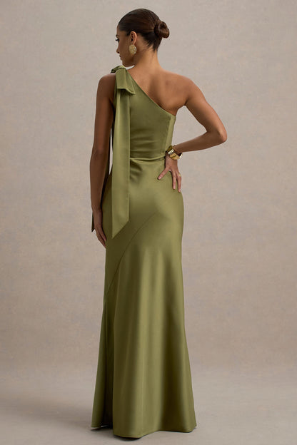 Here For Love | Khaki Satin Asymmetric Maxi Dress With Bow