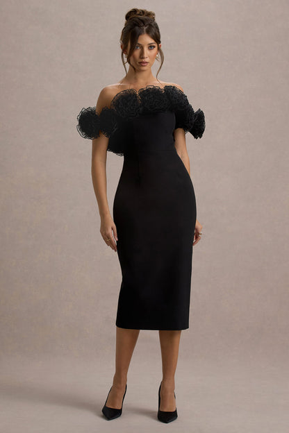 Alizzi | Black Bardot Midi Dress With Ruffle Trim