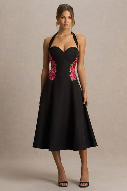 Tillie | Black Halter-Neck Midi Dress