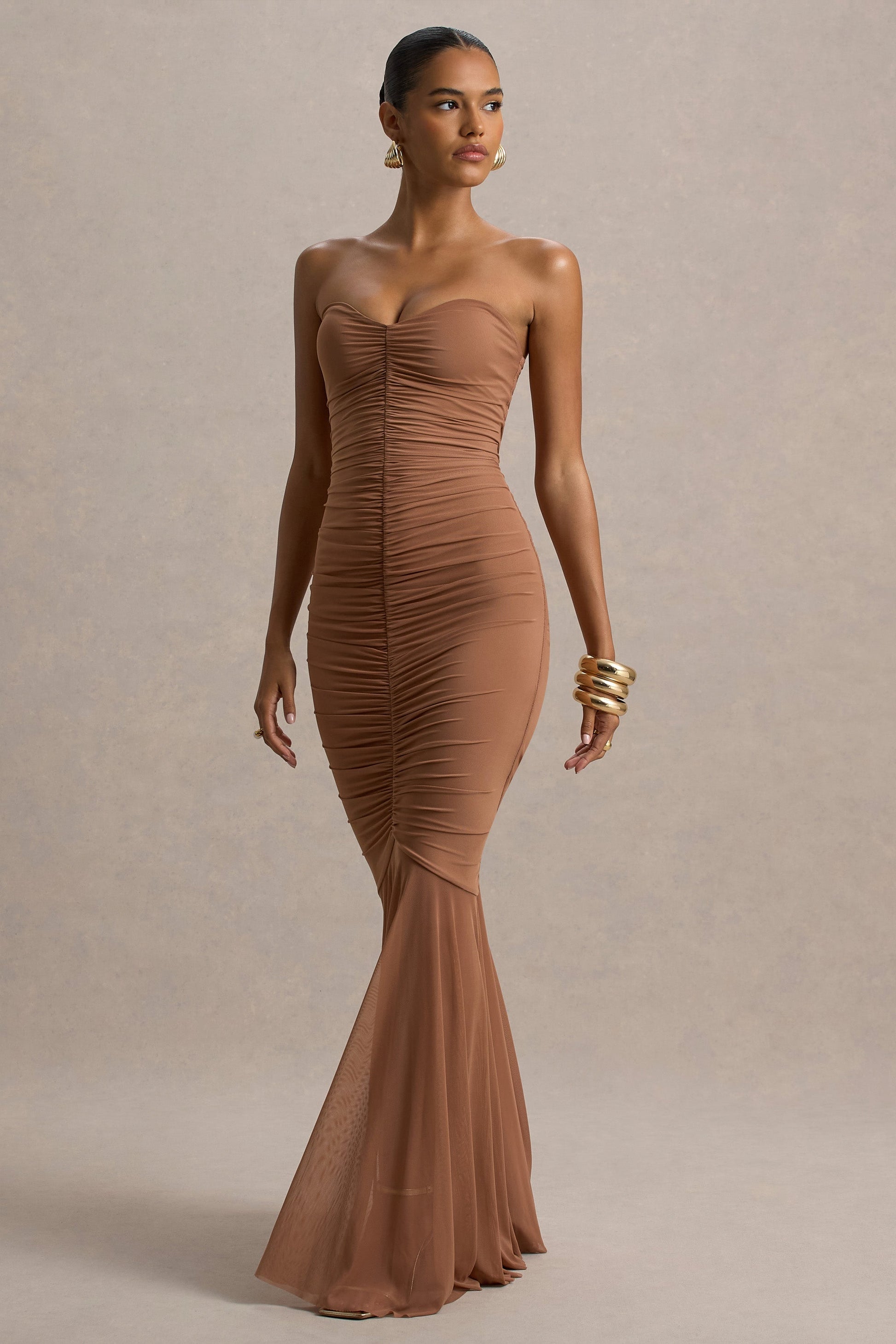 Talisa | Mocha Bandeau Ruched Maxi Dress With Mesh Fishtail