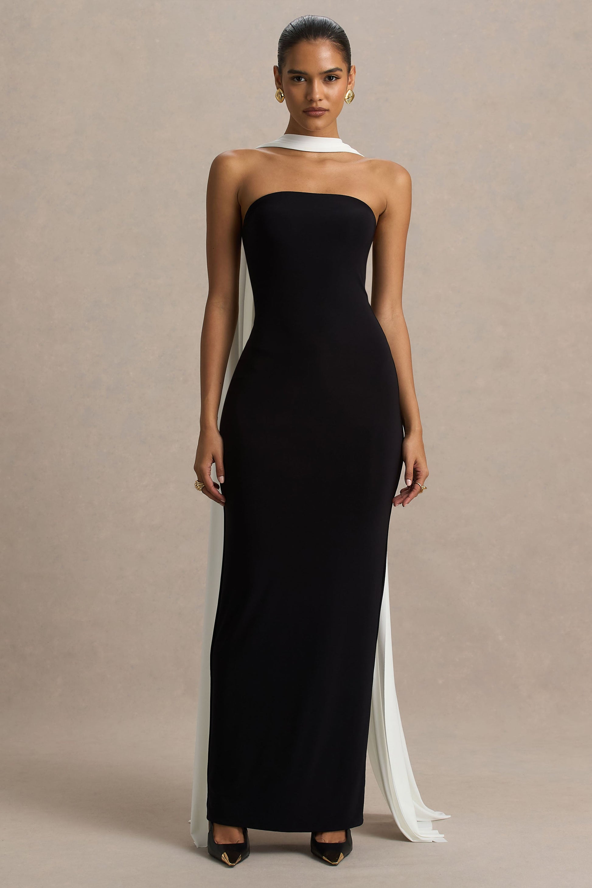 Kelilah | Black And White Bandeau Maxi Dress With Scarf Detail