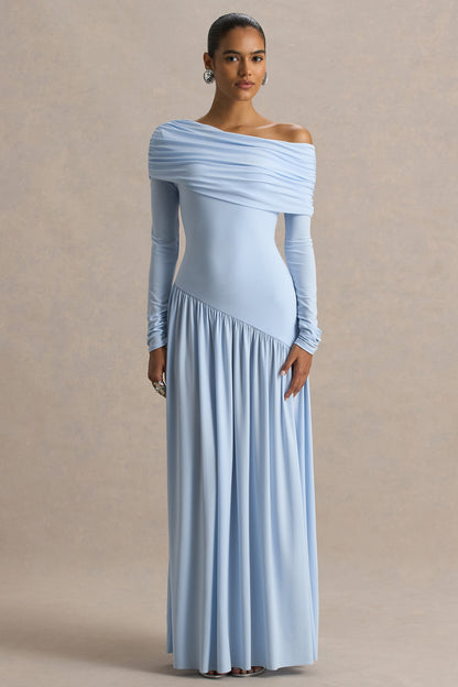 Farah | Powder Blue Asymmetric-Neck Maxi Dress With Drop Waist And Ruched Detailing