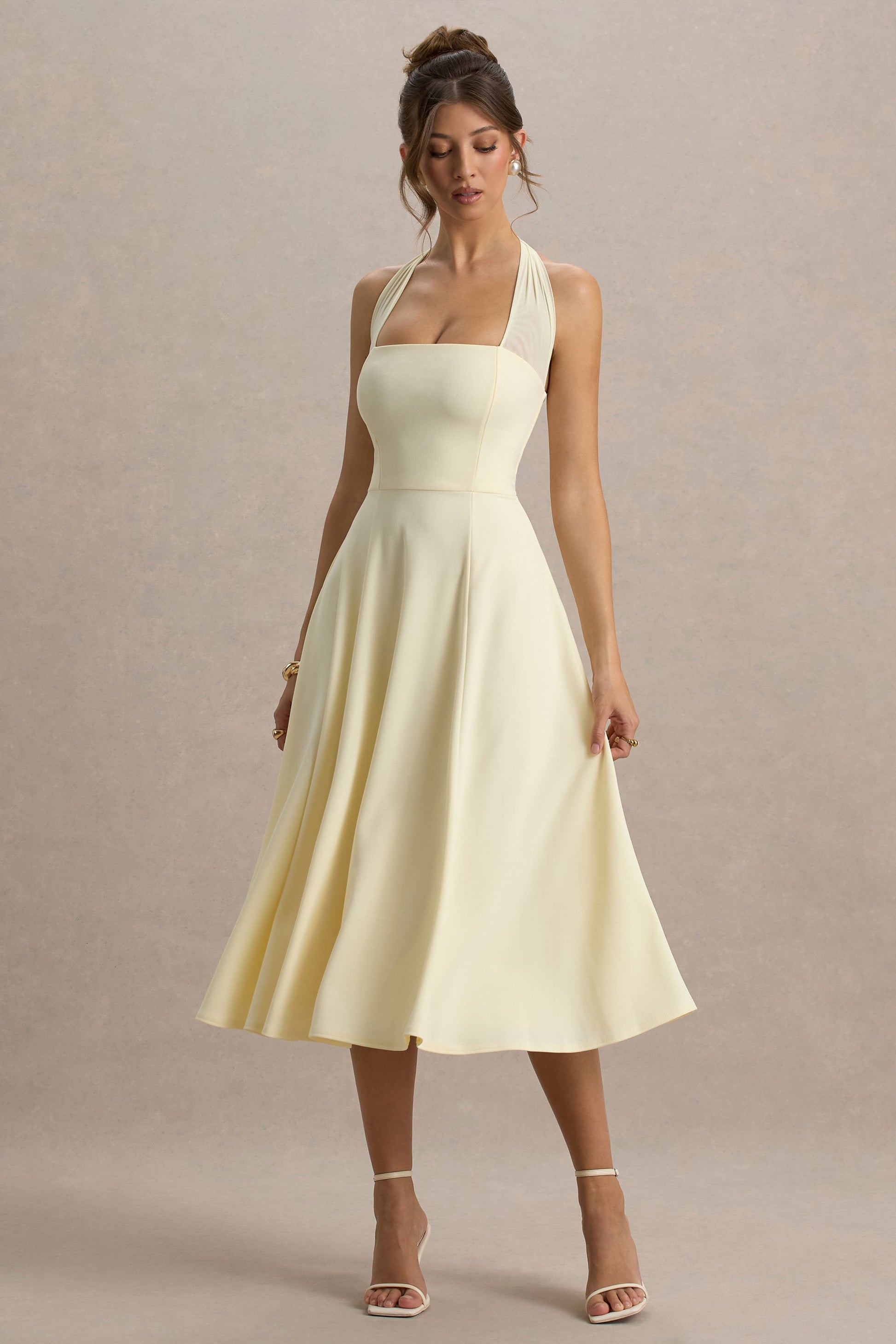 Auburn | Pale Lemon Halter Skater Midi Dress