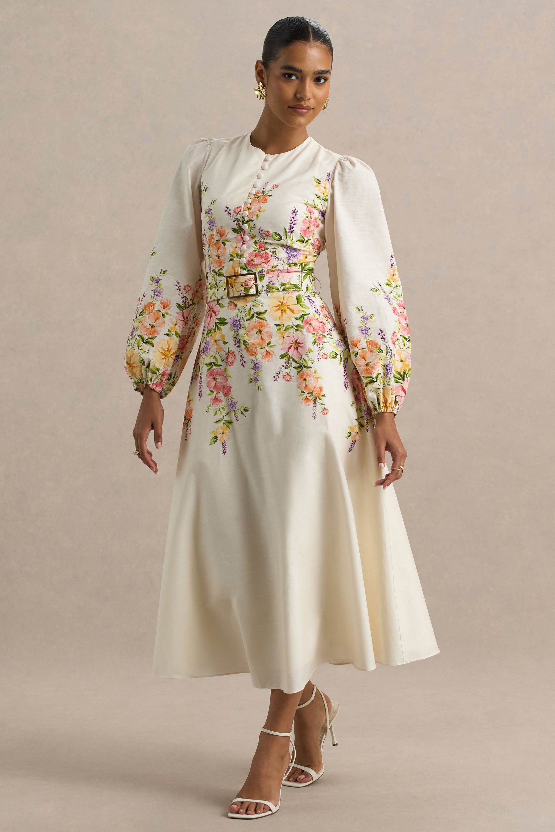 Dahlia | White Floral Border Print High-Neck Midi Dress