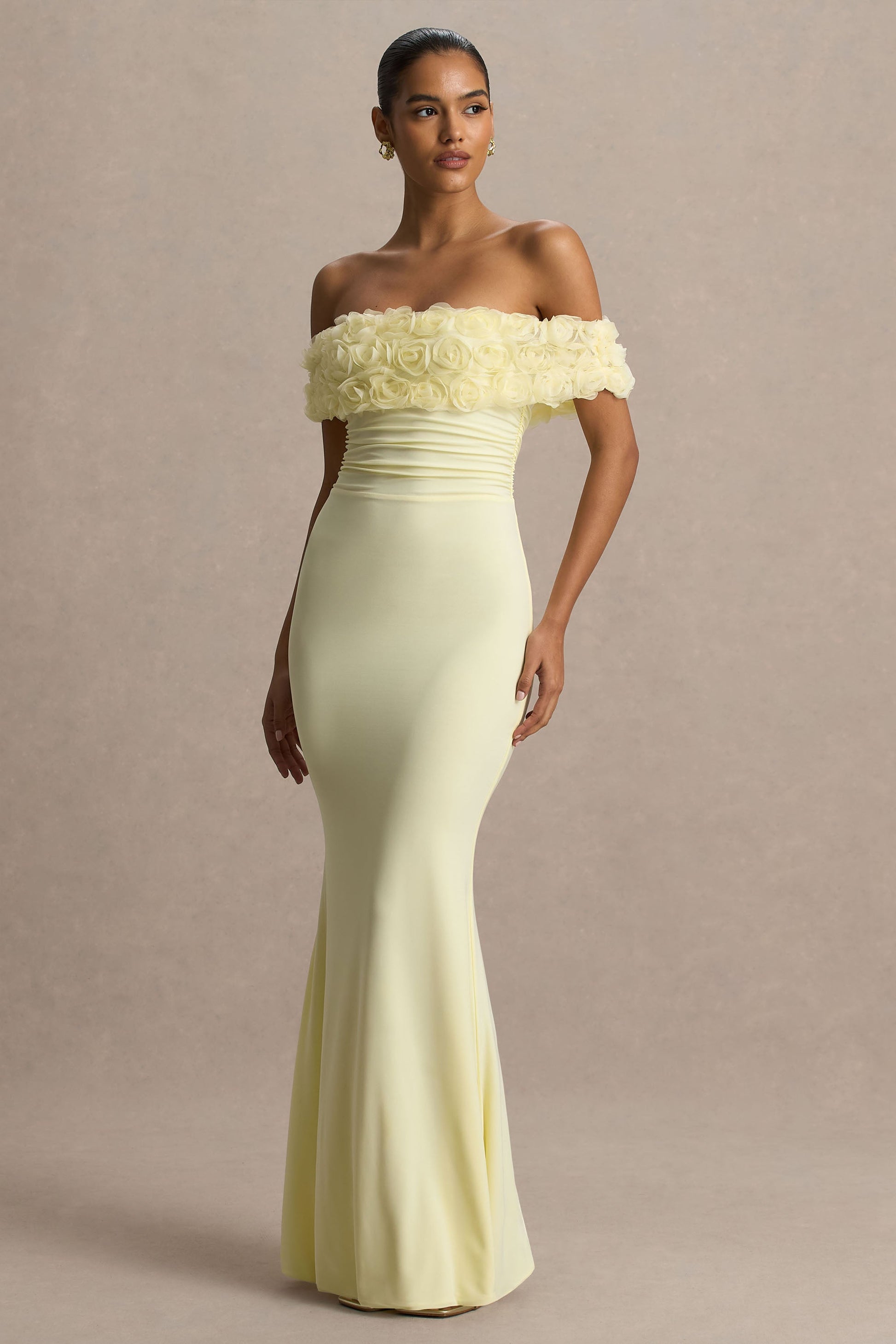 Pastille | Lemon Floral Bardot Maxi Dress With Ruched Detailing