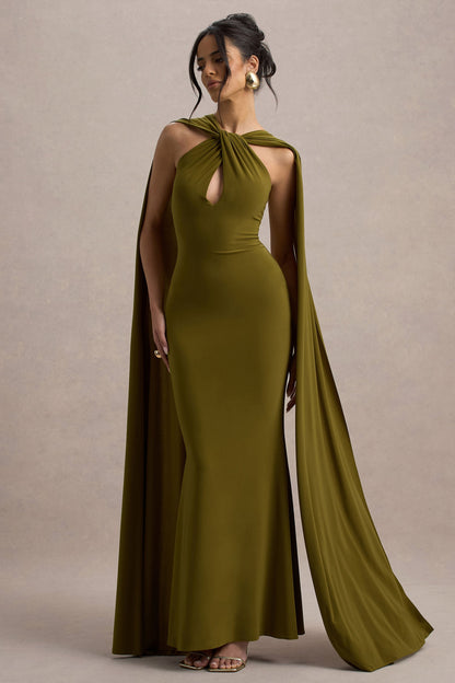 Rhoda | Green Twist Halter-Neck Cape Maxi Dress