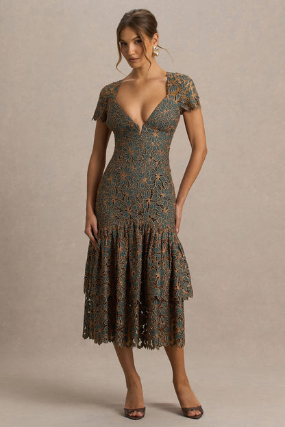 Sabrina | Dark Green And Rust Embroidered Plunge-Neck Midi Dress