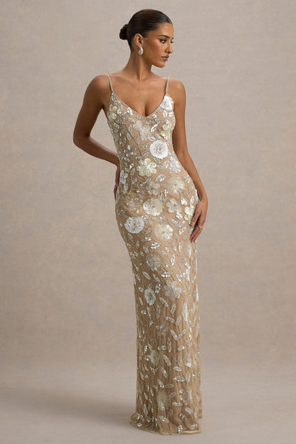 Gemini | Floral Sequin Hand-Embellished Strappy Maxi Dress