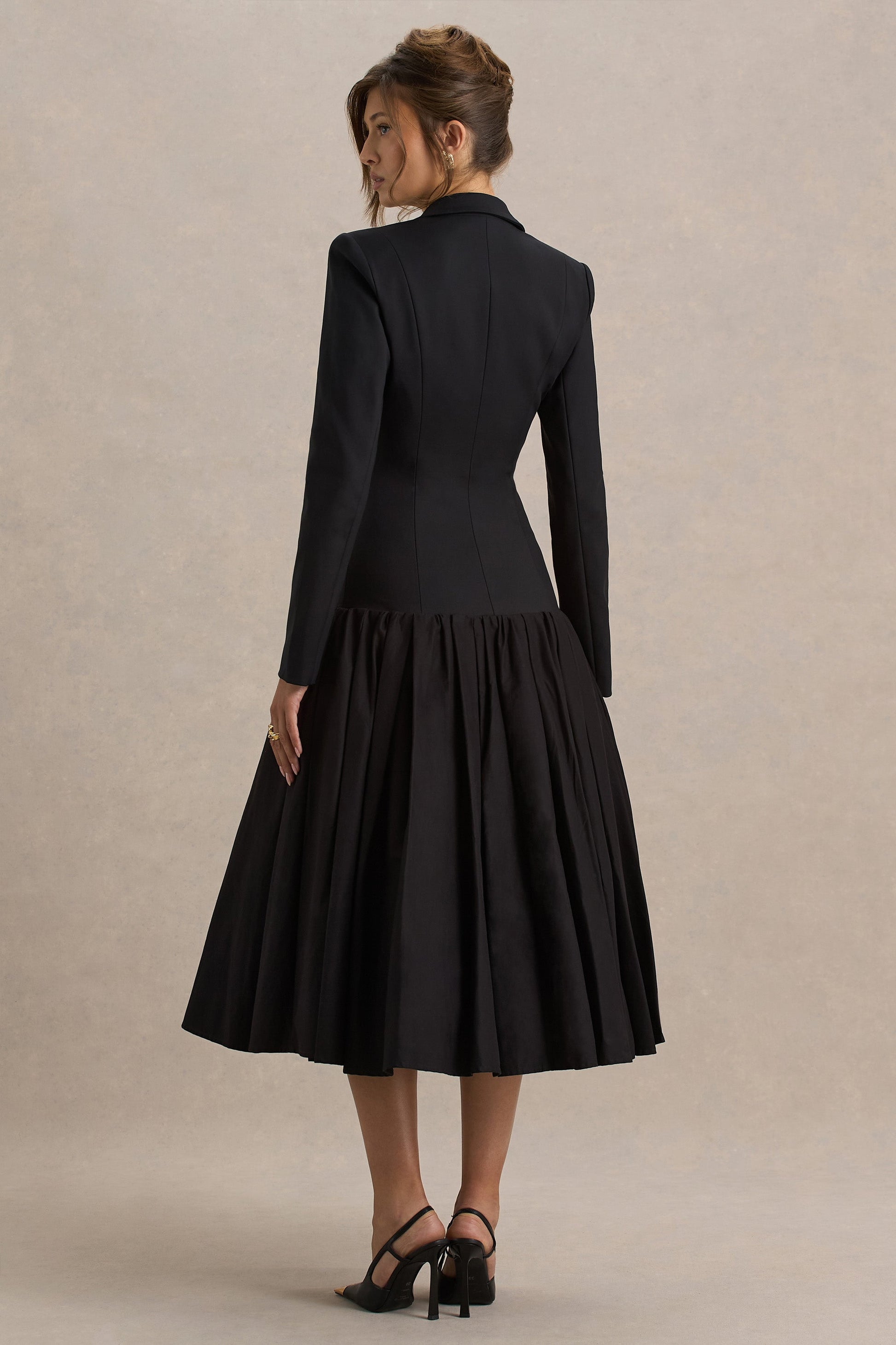Cosmopolitan | Black Plunge-Neck Tailored Midi Dress With Pleated Hem