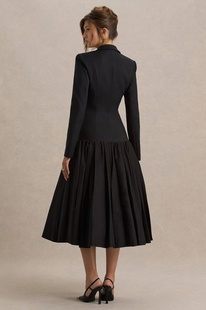 Cosmopolitan | Black Plunge-Neck Tailored Midi Dress With Pleated Hem