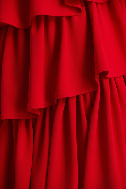 Bogota | Red Plunge-Neck Maxi Dress With Ruffling Details And Front High Split