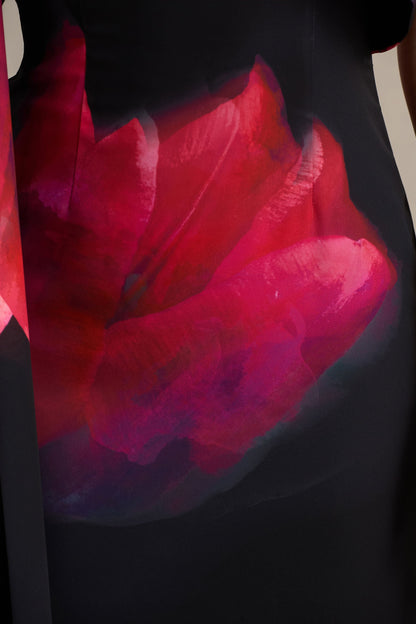 Leonara | Black And Pink Floral Print Cowl-Neck Maxi Dress With One-Sleeve