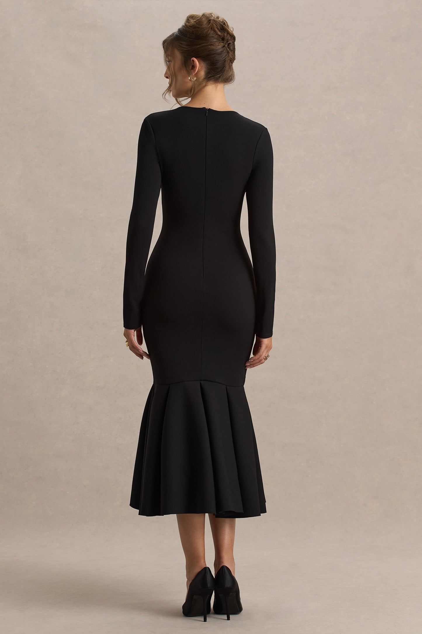 Liberty | Black High Neck Mermaid Midi Dress With Ruffling Detail
