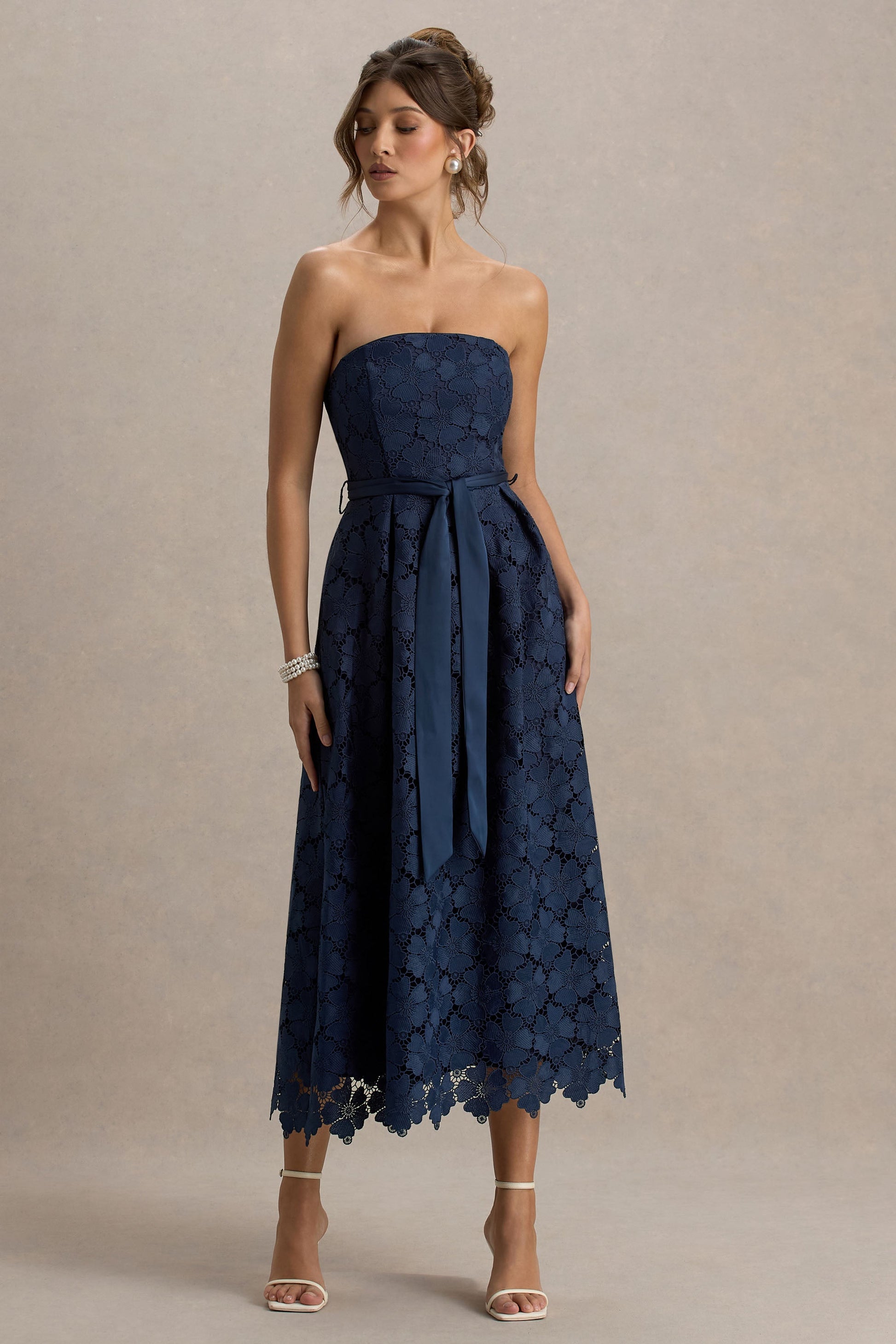 Shania | Navy Lace Bandeau Skater Midi Dress