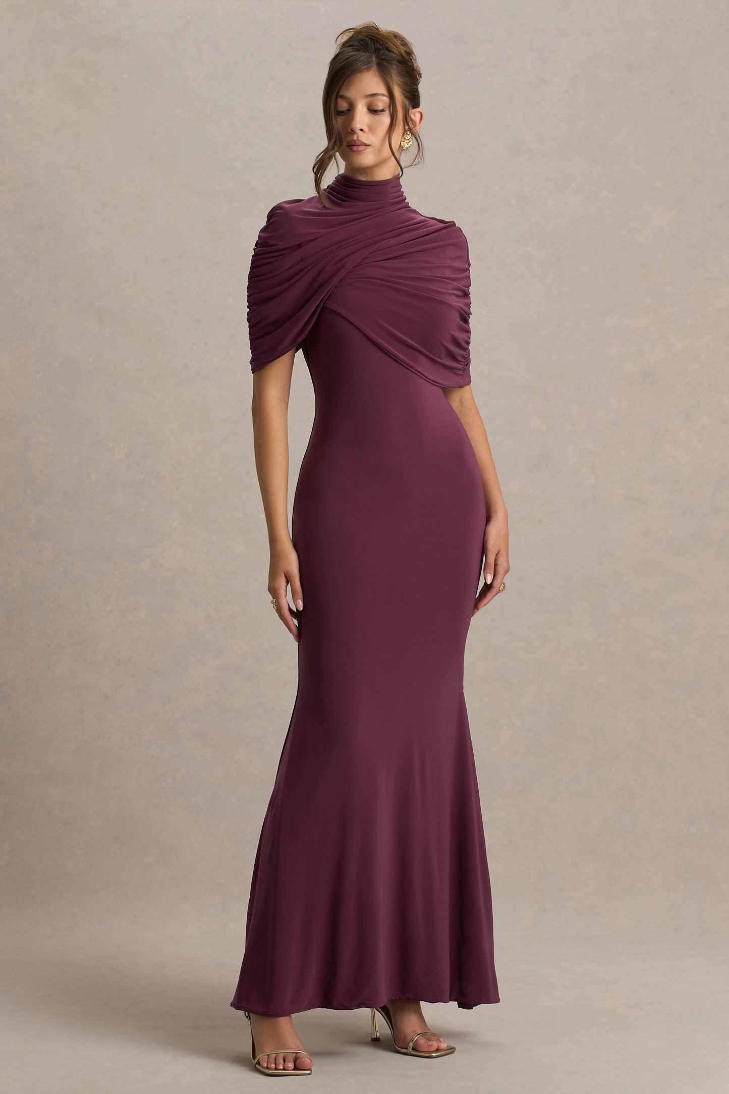 Cleora | Burgundy Twist Cape Maxi Dress