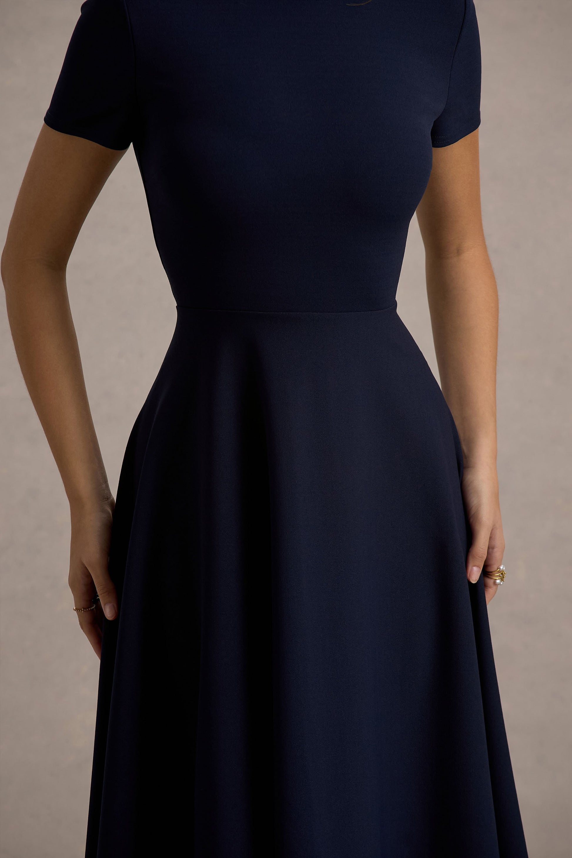 Bellona | Navy High-Neck High-Low Midi Dress
