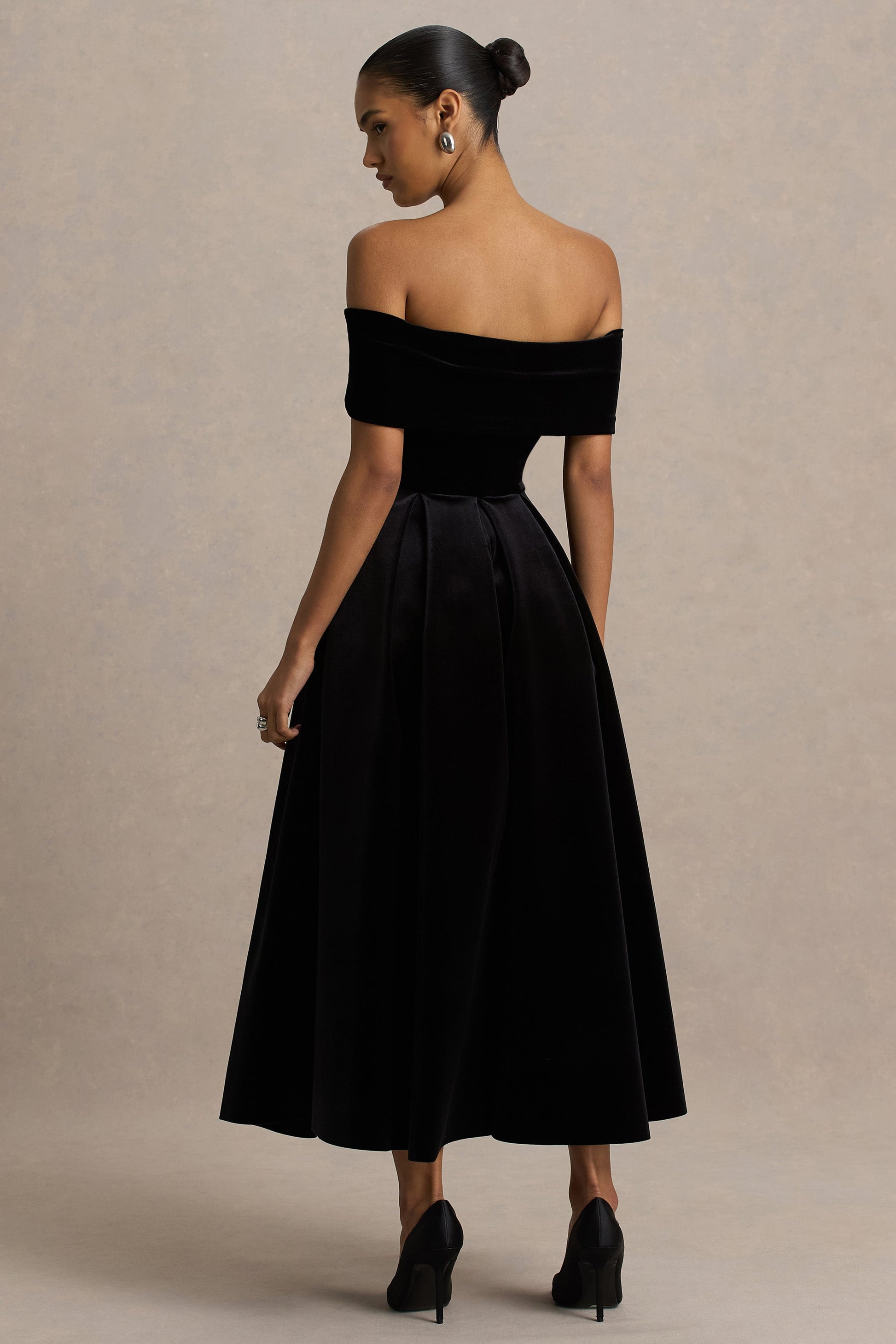 Ablaze | Black Velvet Bardot-Neck Midi Dress