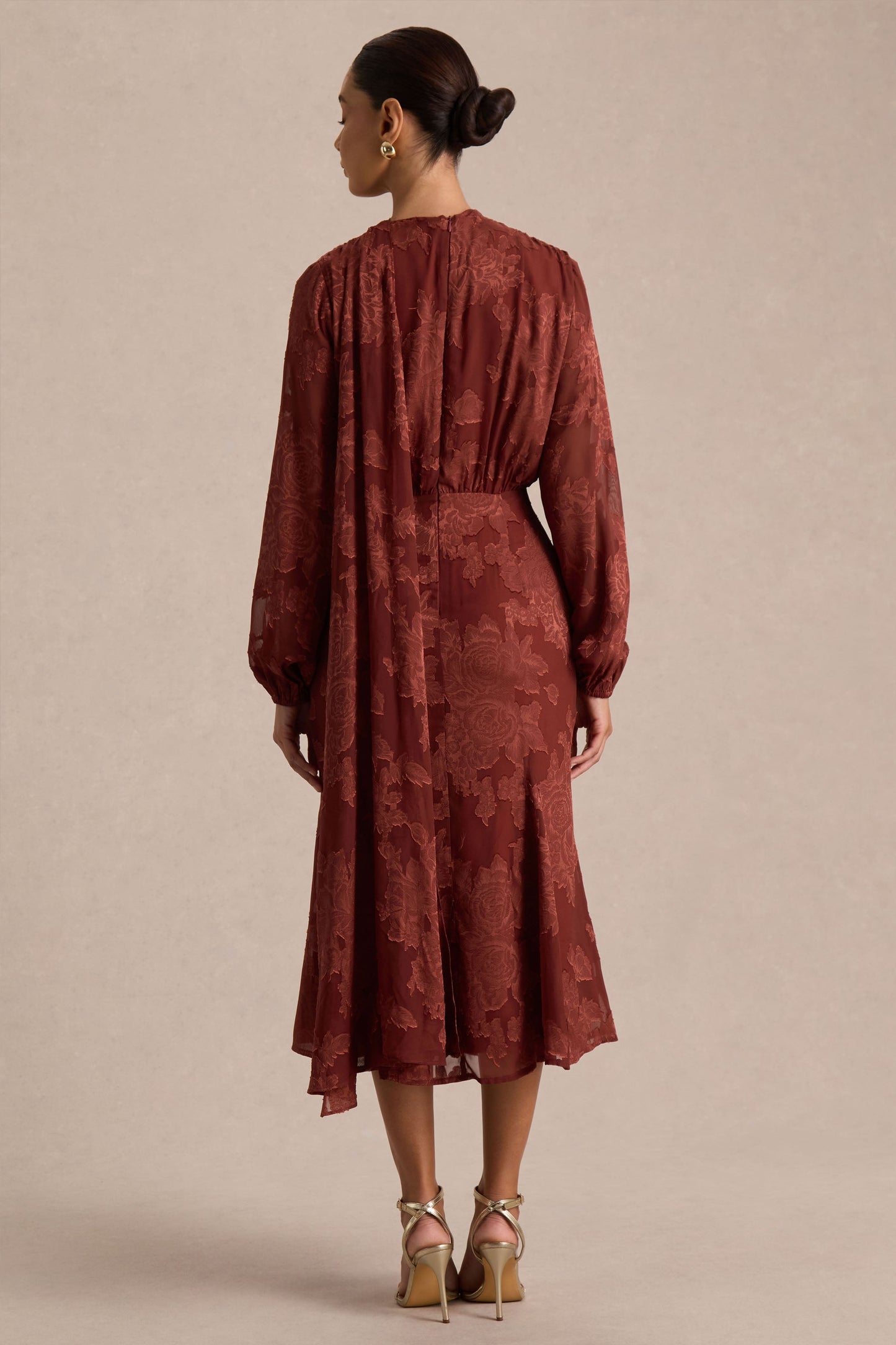 Sabina | Rust Devore Plunge-Neck Midi Dress