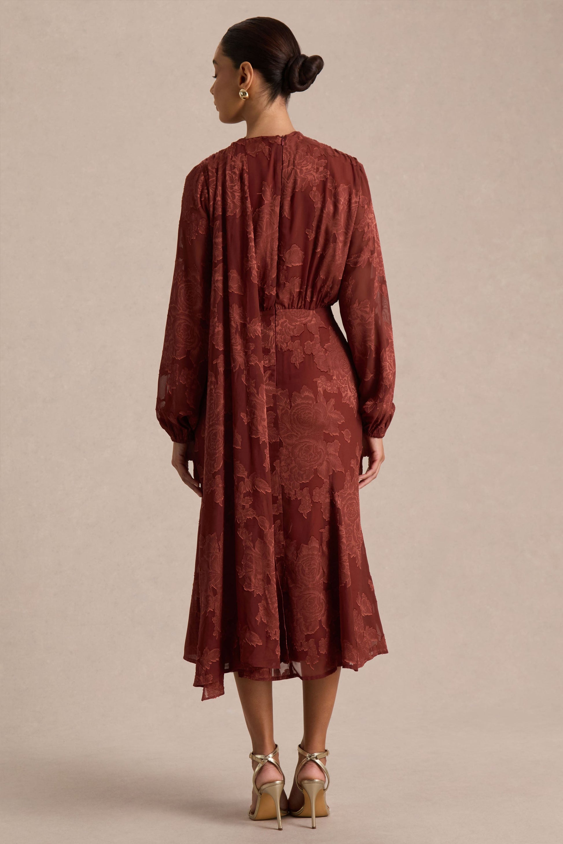 Sabina | Rust Devore Plunge-Neck Midi Dress