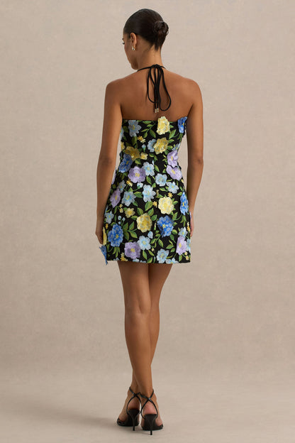Aisha | Black Floral Embellished Square-Neck Mini Dress