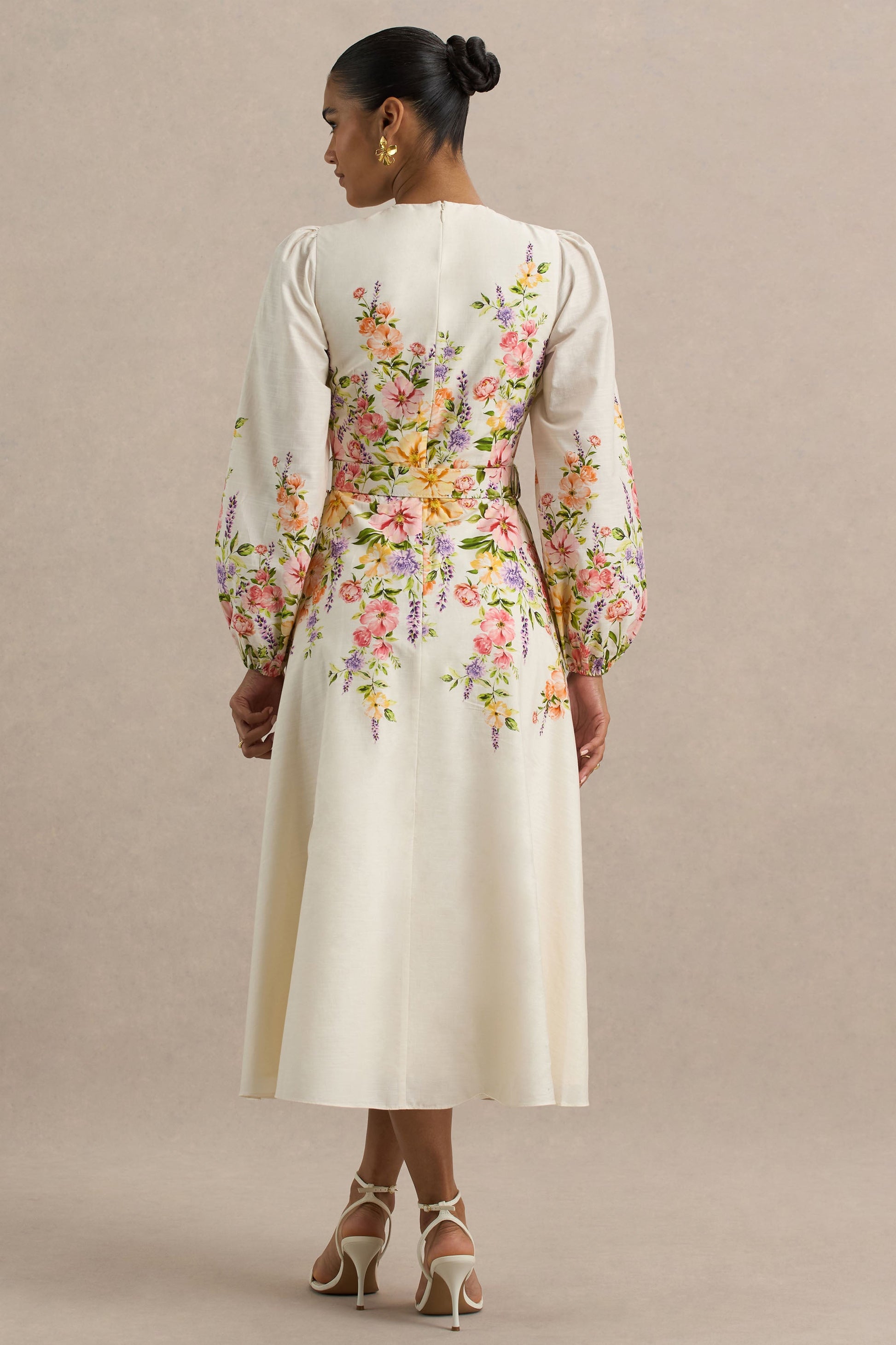 Dahlia | White Floral Border Print High-Neck Midi Dress