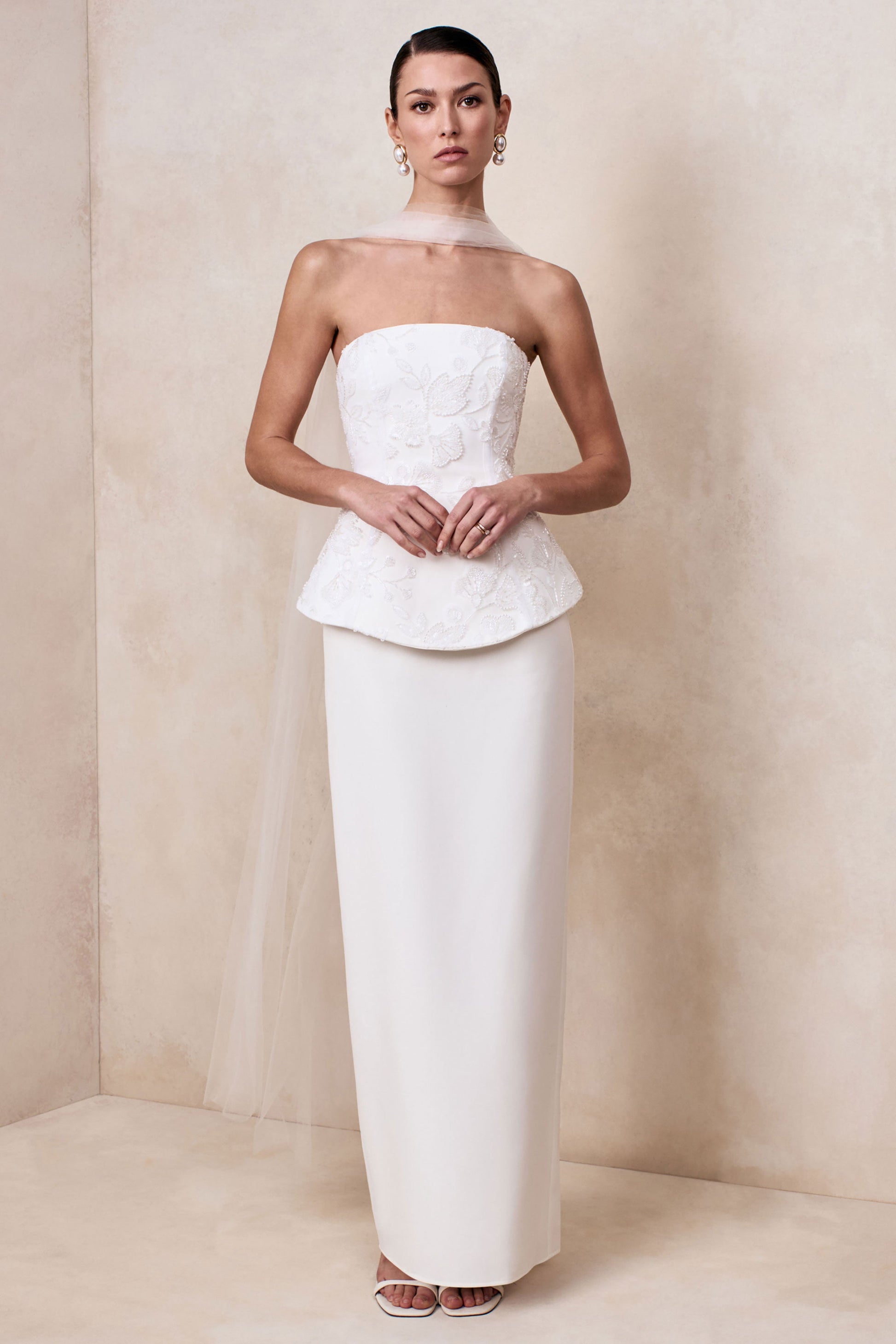 Naira | White Satin Bandeau Corset Maxi Dress With Sheer Scarf